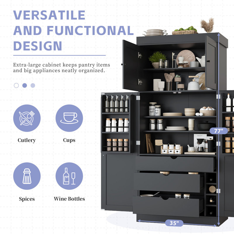 Garde-manger autoportant de 77 po de hauteur avec tablettes réglables, tablettes de porte, tiroirs et supports à vin, Gris