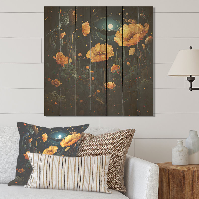 Nuit étoilée fleur de souci III - souci sur bois, H 36 po x l 36 po