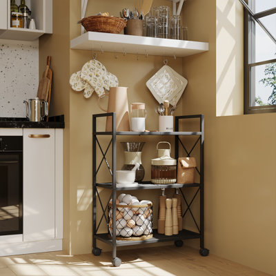 Mesh Shelving Unit, 3-Tier Metal Storage Rack With Wheels, With X Side Frames, 23.6-Inch Width, For Entryway, Kitchen, Industrial Style