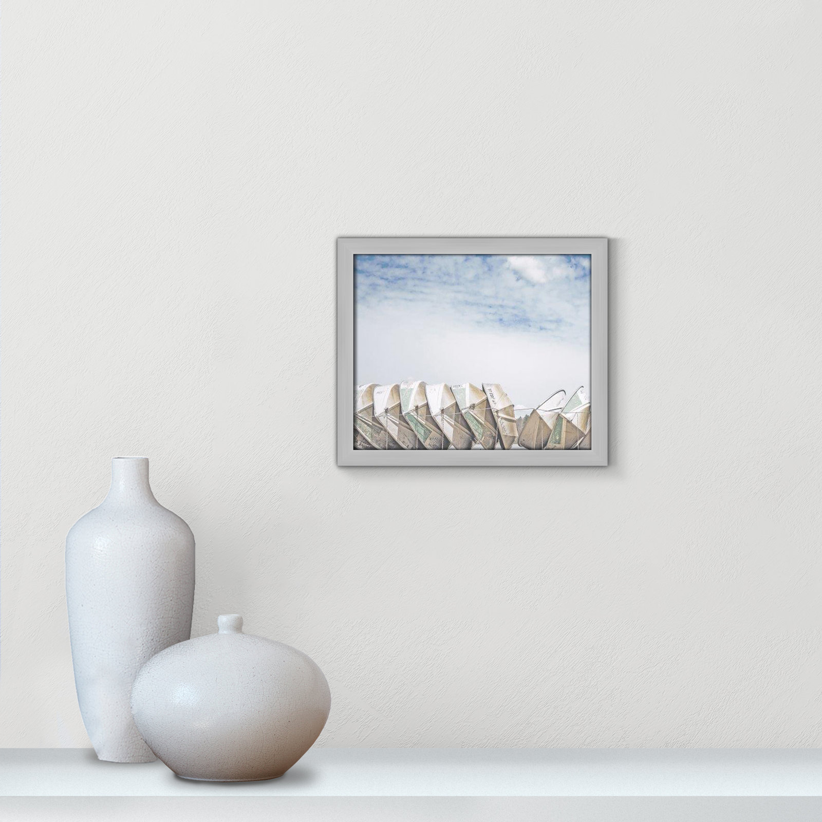 Hennecy "Wooden Boats" Print by Leah Straatsma, 13" H x 15" W x 1.25" D, Matte Silver