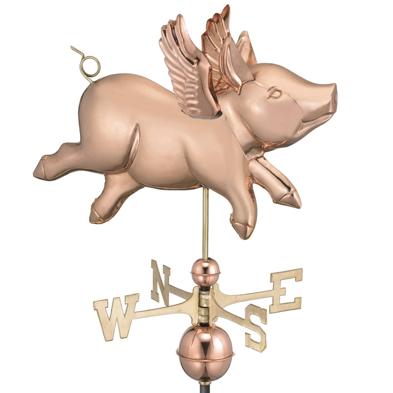 Flying Pig Polished Copper 37'' Weathervane with Brass Directionals