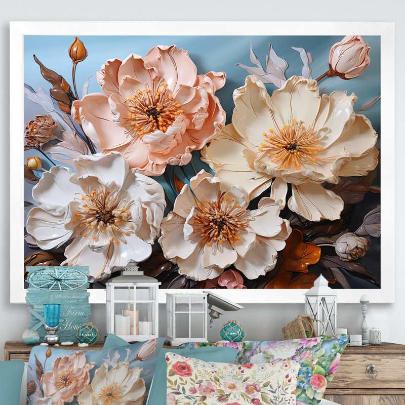 Art pivoines roses, art sur toile Flower Field II, Cadre simple blanc, H 30 po x l 40 po x P 1,5 po