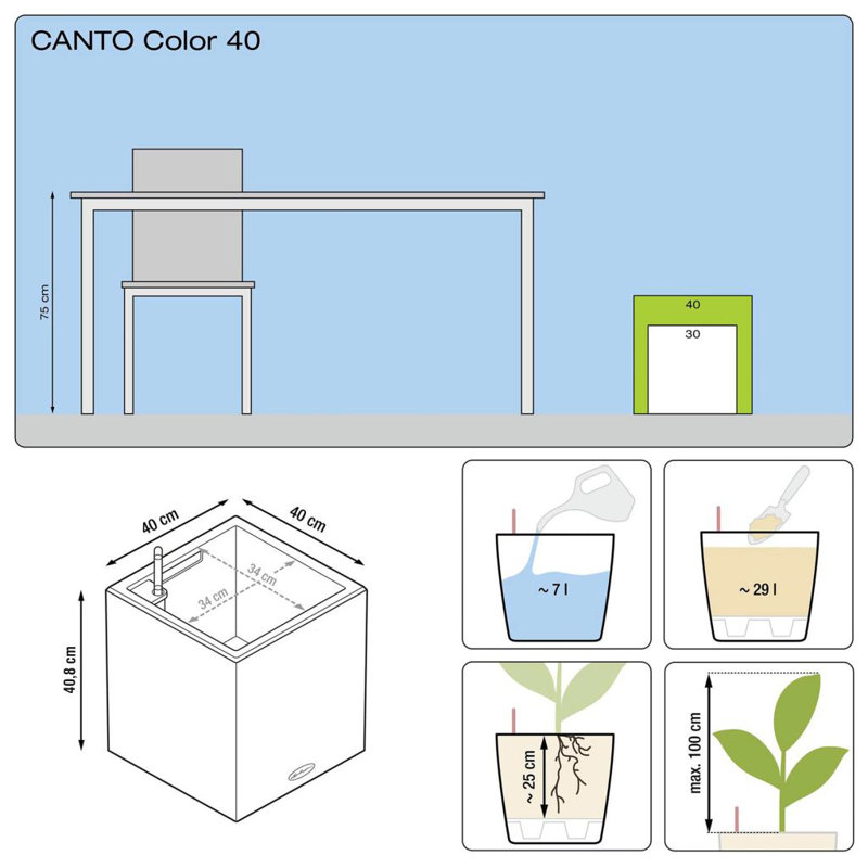 Lechuza Planter Canto Color Square 40 All-In-One, Grey
