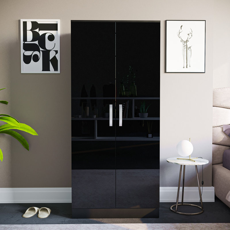 Arkadij 2 Door High Gloss Manufactured Wood Wardrobe With Internal Shelf and Hanging Rail, Black
