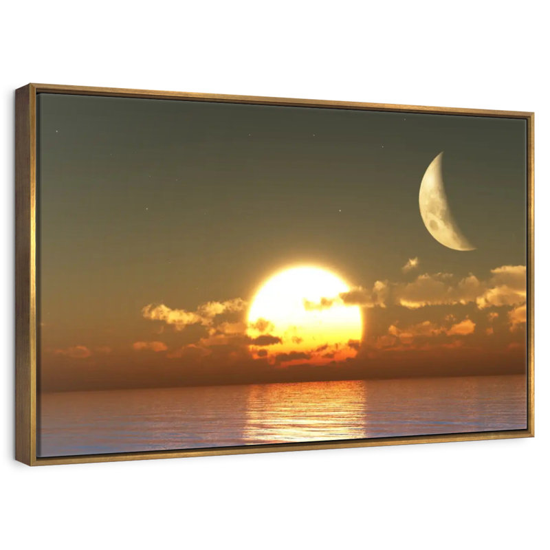 Coucher de soleil sur la lune, Cadre flottant doré, 13 po x 9 po