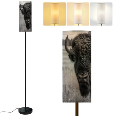  68.5" Standing Floor Lamp Close up Majestic Bison Grazing Field Another Bison Dimmable Metal Pole Lamp with Linen Lampshade LED Bulb Included