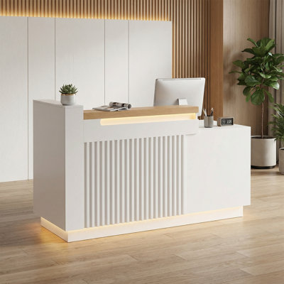 63" Modern L-Shaped Reception Desk With LED & Built-In Charging, White Front Checkout Counter For Salon, Retail, Office