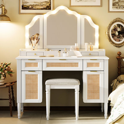44.82" Makeup Dressing Desk With 13 Classic - Style Led Lights, 3 Lighting Modes, Tri Fold Mirror, 5 Storage Drawers, Charging Station, Modern Bohemian Vibe For Bedroom Bulbs, Drawers And Shelves,