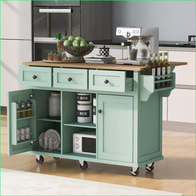 Kitchen Island Cart with Rubber Wood Drop-Leaf & Storage | Rolling Wheels/Solid Feet | Mint Green | Medium (40-55in)