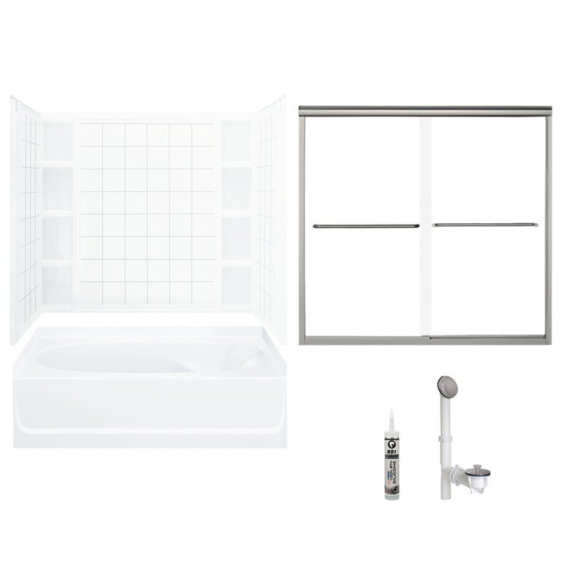 60" W x 72" H Frameless Rectangle Sliding Tub & Shower Kit with Towel Bar and Base Included, Nickel