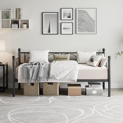 Twin Size Daybed Frame, Metal Daybed with Floral Headboard, Steel Slats Supports, Space-Saving Multifunctional for Living Room