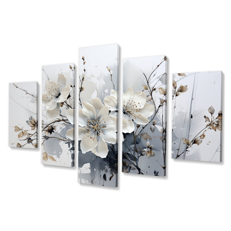 Art asiatique fleurs d'orchidées I sur toile, 5 pièces