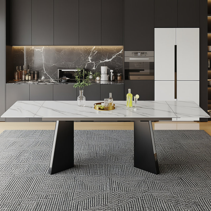 Table de salle à manger extensible 94,48 "moderne, plateau en pierre frittée d'aspect marbre, base piédestal noire - sièges 8-10