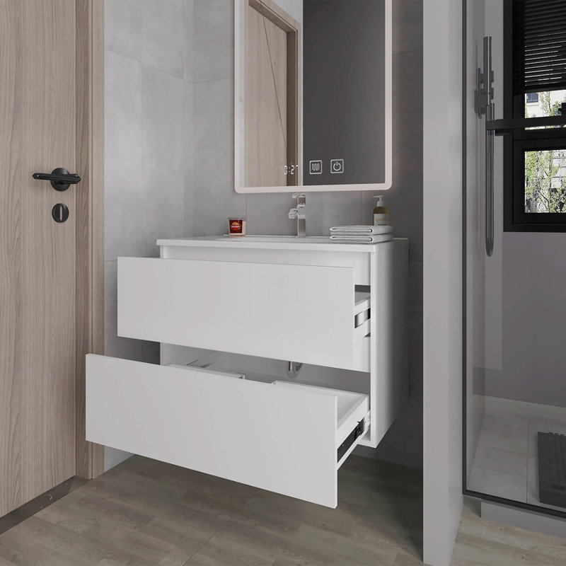 Meuble-lavabo flottant avec deux tiroirs et lavabo, Blanc