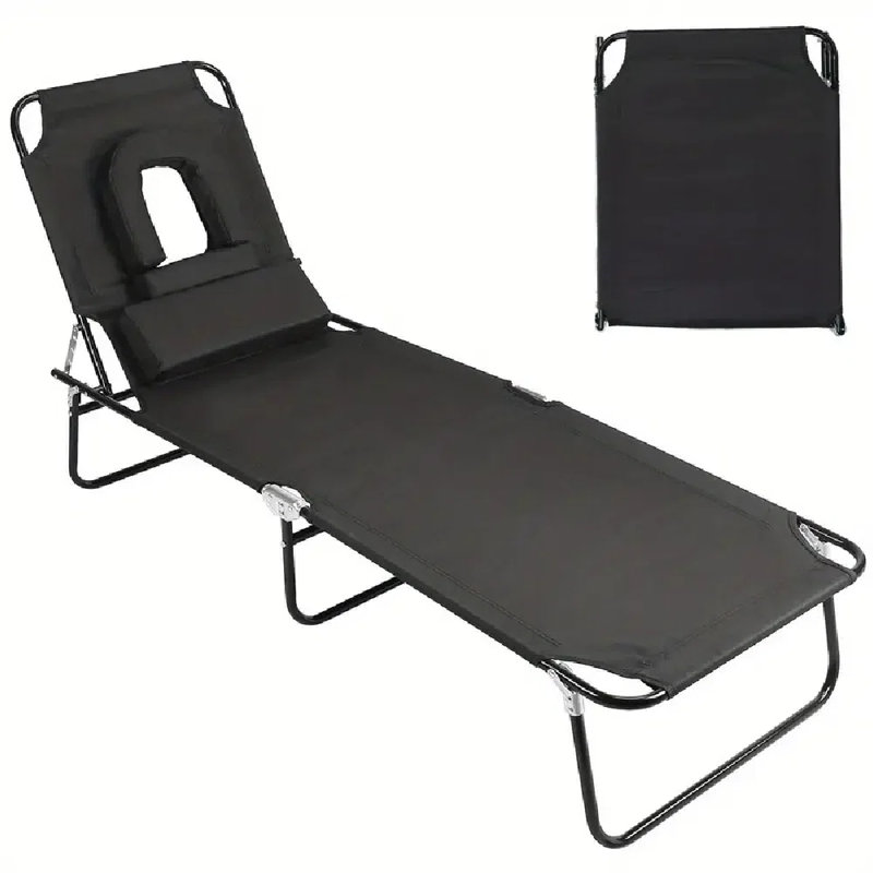 Folding Beach Lounge Chair Face Down Tanning Chaise Sunbathing Recliner 265LBS Max Load With 5-Angle Backrest 3 Removable Pillows For Beach Pool Lawn Yard Patio Office Nap Camping