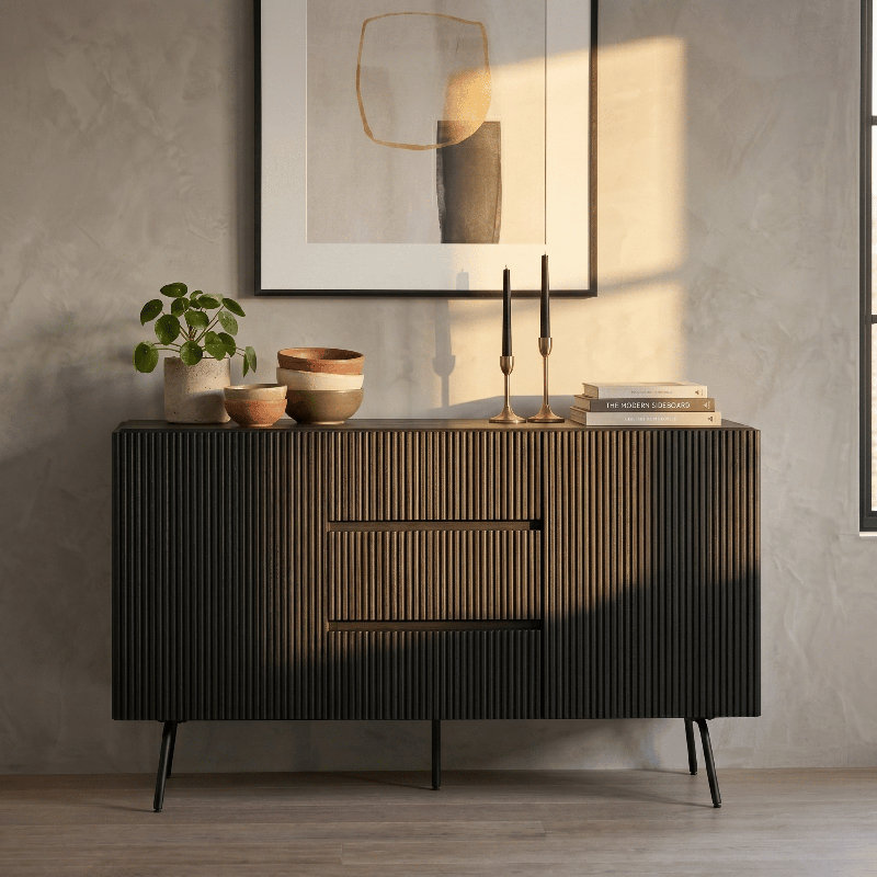Sideboard Drawers Buffet Cabinet with Groove Design and Metal Legs, Storage Cabinet for Living Room, Dining Room, and Entryway, Effortless Assembly