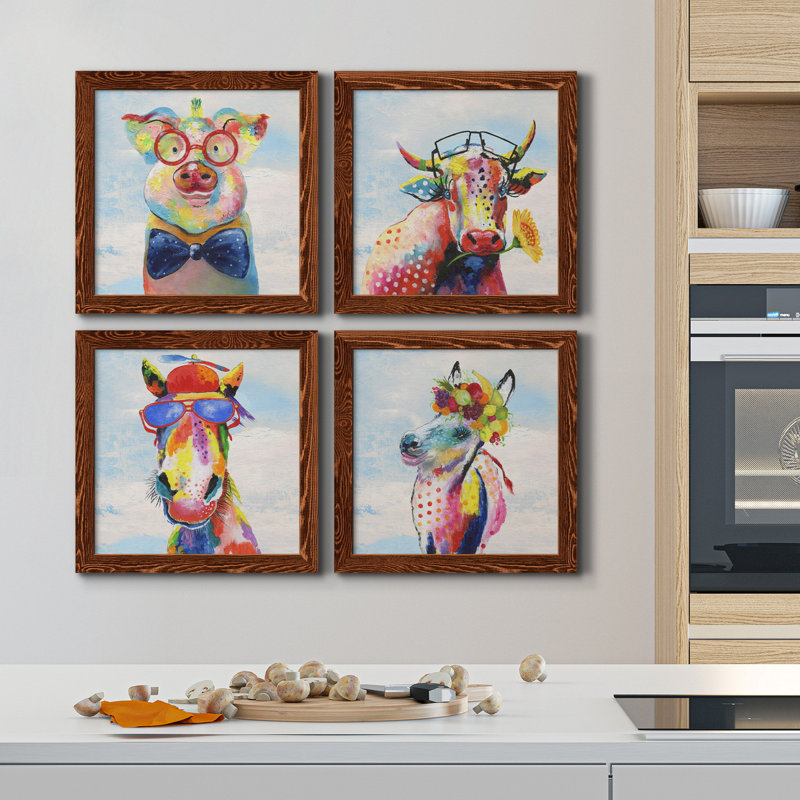 «Groovy Pig and Sky», ensemble de 4 peintures sur toile encadrées, Toile d'érable encadrée, H 27,5 po x l 110 po x P 1,5 po