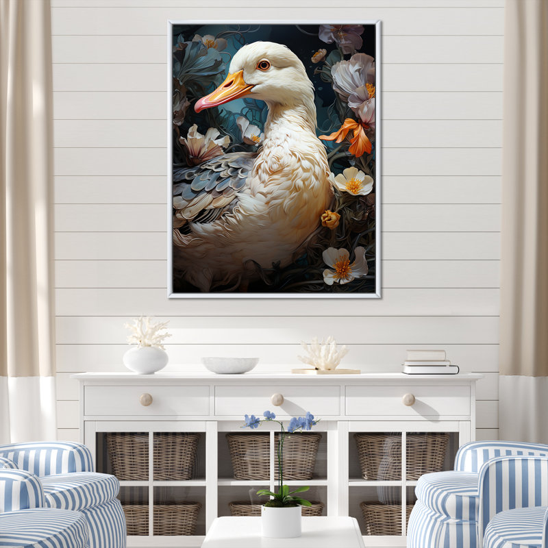 «White Duck Feathered Floral Elegance», art mural animal canard, Gold Picture Framed, H 20 po x l 12 po