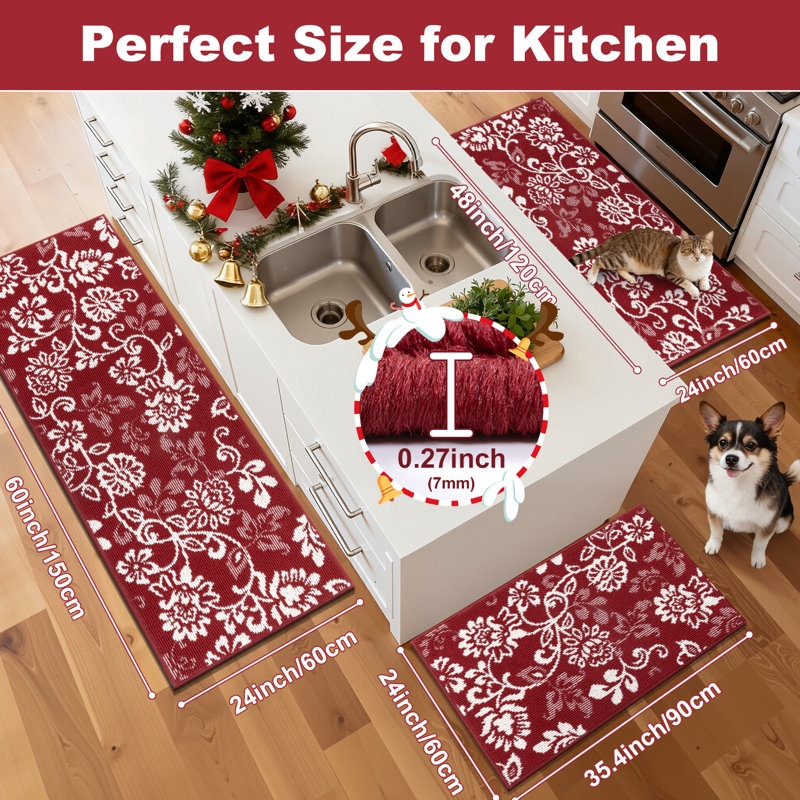 Oversize Non Slip Kitchen Mats (Set of 3), Red