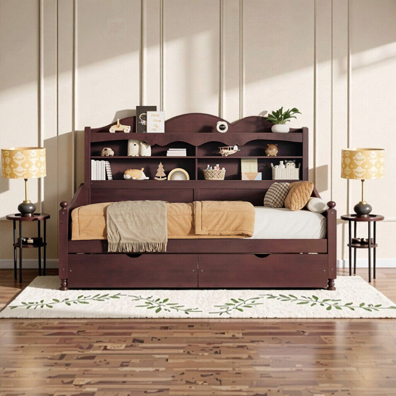 Retro Espresso Twin Daybed with Storage Drawers & Shelving – Space-Saving Bedroom Furniture for Small Rooms, Espresso