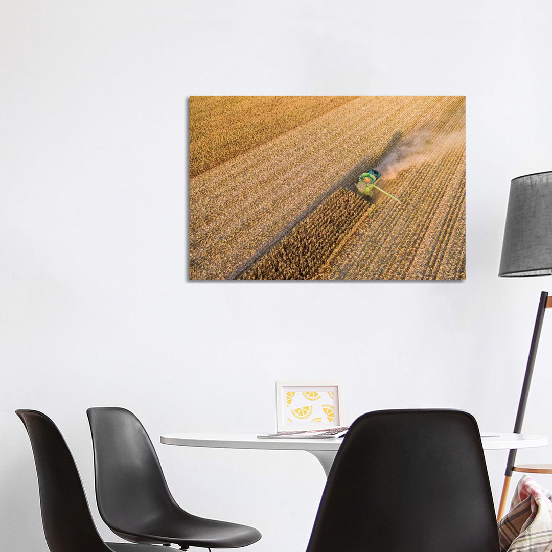 Aerial View Of Combine Harvesting Corn Crop, Marion County, Illinois, USA - Wrapped Canvas Print