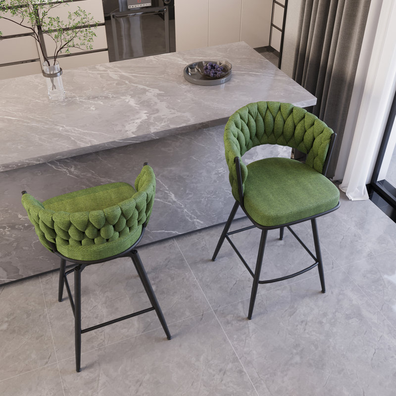 Tabouret de bar pivotant en lin de 2 personnes avec pieds noirs, structure et dossier confortable pour la cuisine, le salon et la salle de pause
