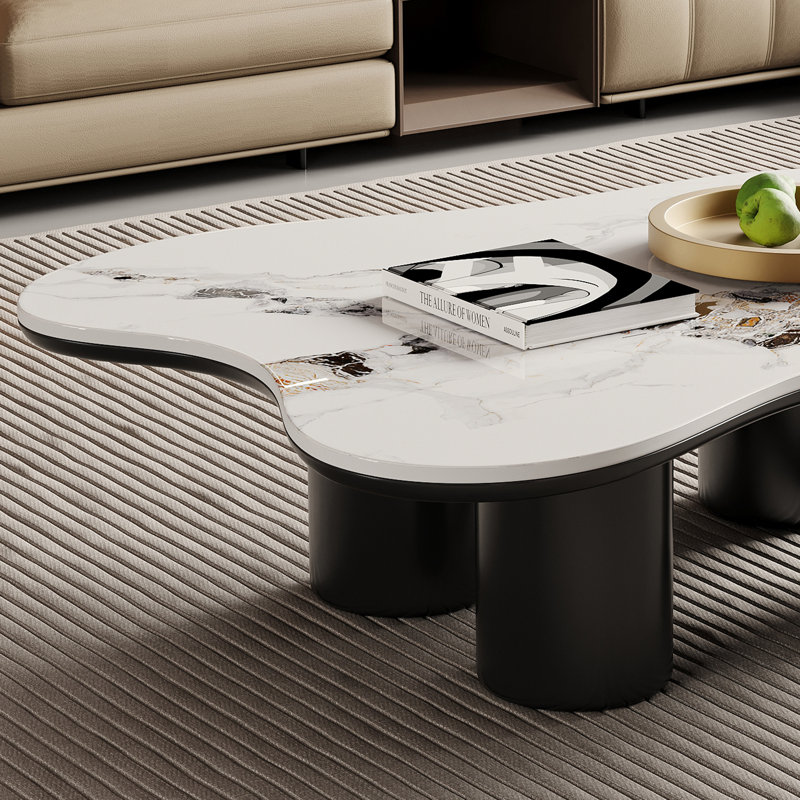 Table à café 48 po moderne noir nuage, plateau en pierre frittée blanc brillant, 4 pieds ronds