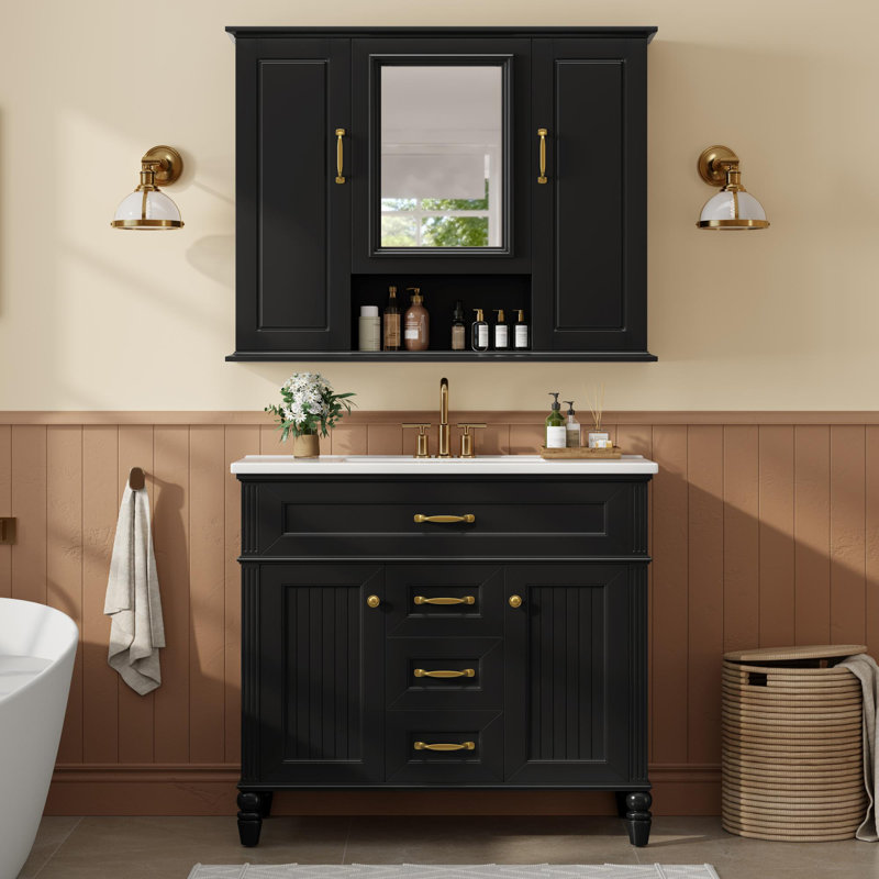 Meuble-lavabo en céramique avec cadre en pin, Noir