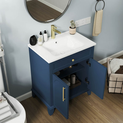 Meuble-lavabo moderne 27,8 po avec surface peinte, meuble-lavabo autoportant Mid-Century avec rangement, meuble-lavabo haut de gamme avec tiroirs et poignées en métal