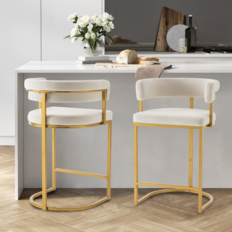 Modern Velvet Bar Stools With Barrel Backrest, Upholstered Seat, And Metal Footrest – 25.6-inch Seat Height, Ideal For Counters, Home Bars, And Kitchen Islands
