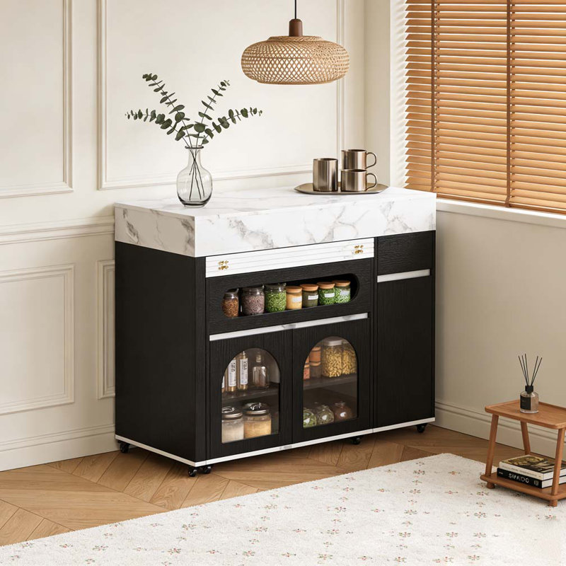 Extendable Dining Table with Extra-Long Folding Top, Rolling Kitchen Island with Drawers, Power Outlet and Brake lock, Storage Cabinet