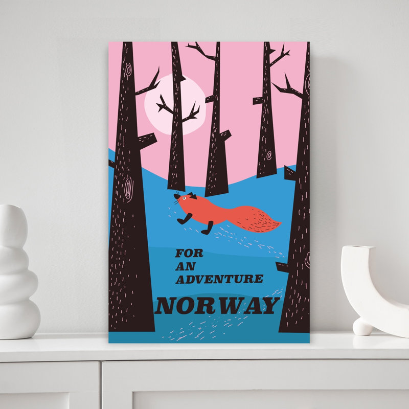 Red Fox Winter Adventure Minimalist Abstract Fox Forest Landscape Wall Art Print by Nicholas - Wrapped Canvas Print