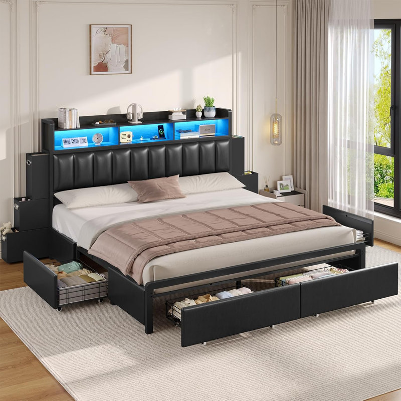 PU Upholstered Bed Frame with Storage Drawers & RGB Bookcase Headboard, Charging Station, King, Black