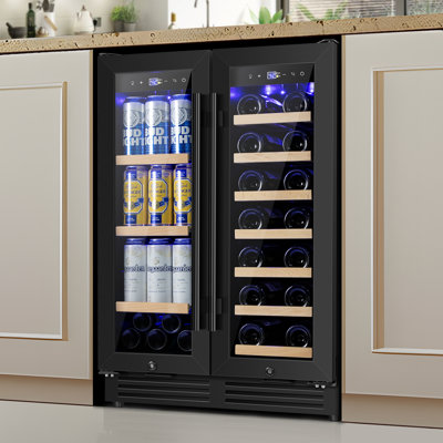 24" Dual Zone 20-Bottle 60-Can Wine & Beverage Refrigerator Built-In/Freestanding Glass Door Classic Cooler with 4 Door Handles,Blue LED and Adjustabl on Fridge.com