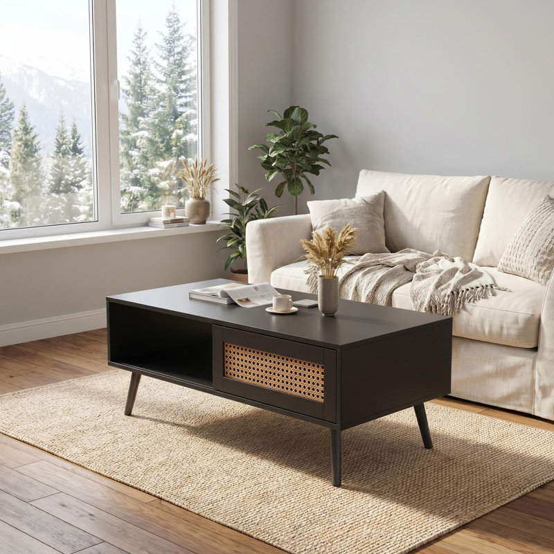 Table basse moderne en rotin avec portes coulissantes, 3 compartiments de rangement, pieds en bois massif, centre de rangement compact pour condos