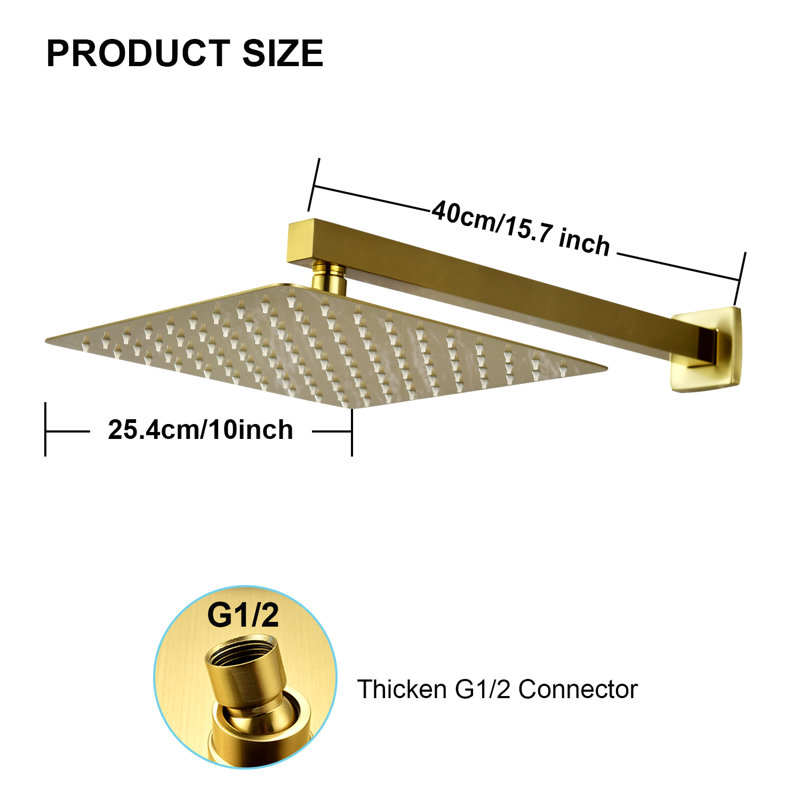 10 Inches Wall Mounted Rain Shower Head,Square Showerhead With Shower Arm,Stainless Steel, Brushed Gold