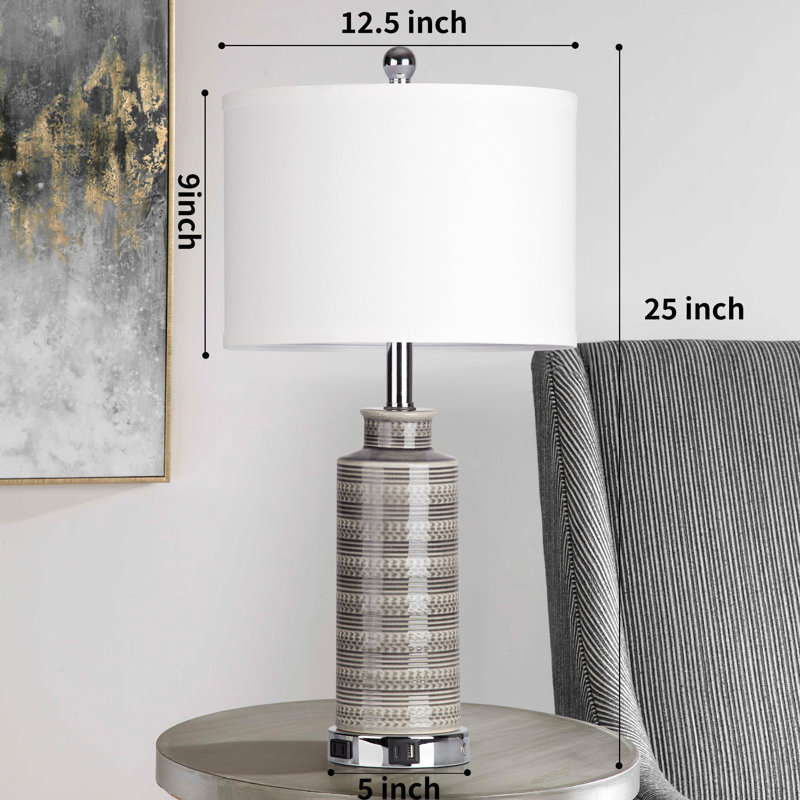 Javell Ceramic Grey Drum Shade USB Charging Port AC Outlet Touch Switch