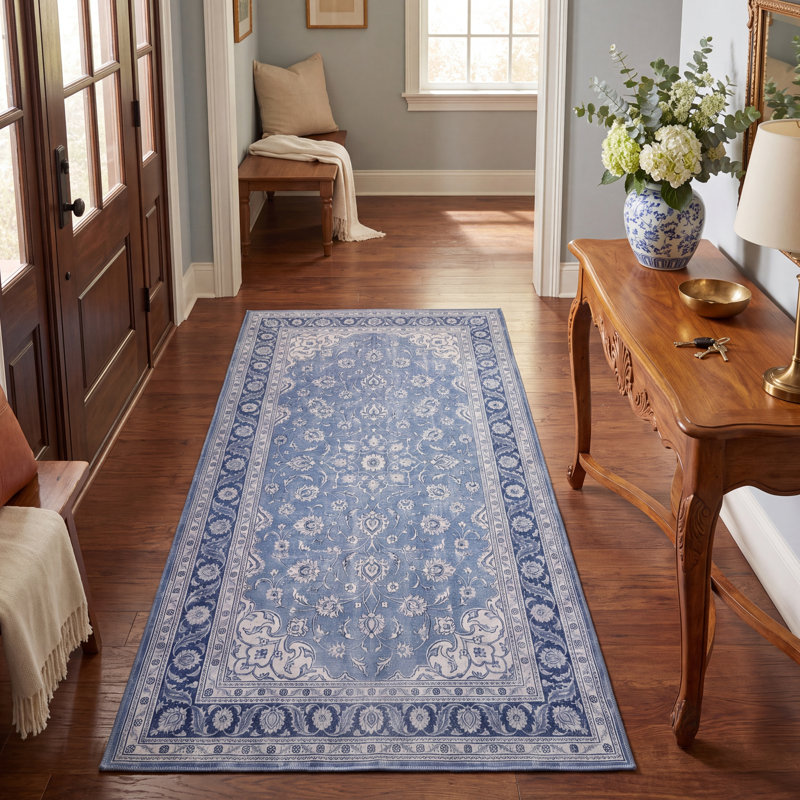 Tapis Vale traditionnel à médaillon délavé, style persan, bleu, gris et crème, lavable à la machine, antidérapant, à poils courts, pour l'intérieur et l'extérieur, adapté aux animaux domestiques, idéal pour le salon, la chambre, la salle à manger, l'entrée, le couloir ou le bureau.