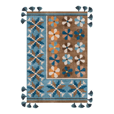 Tapis brun tissé à franges et à motif floral turquoise