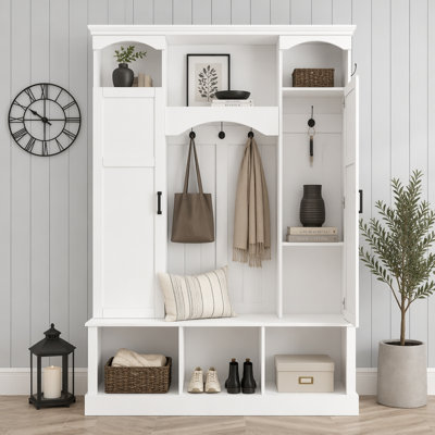 Portemanteau moderne tout-en-un avec tablettes réglables, banc de rangement de style maison de campagne arqué classique et 7 crochets pour l'organisation du vestibule