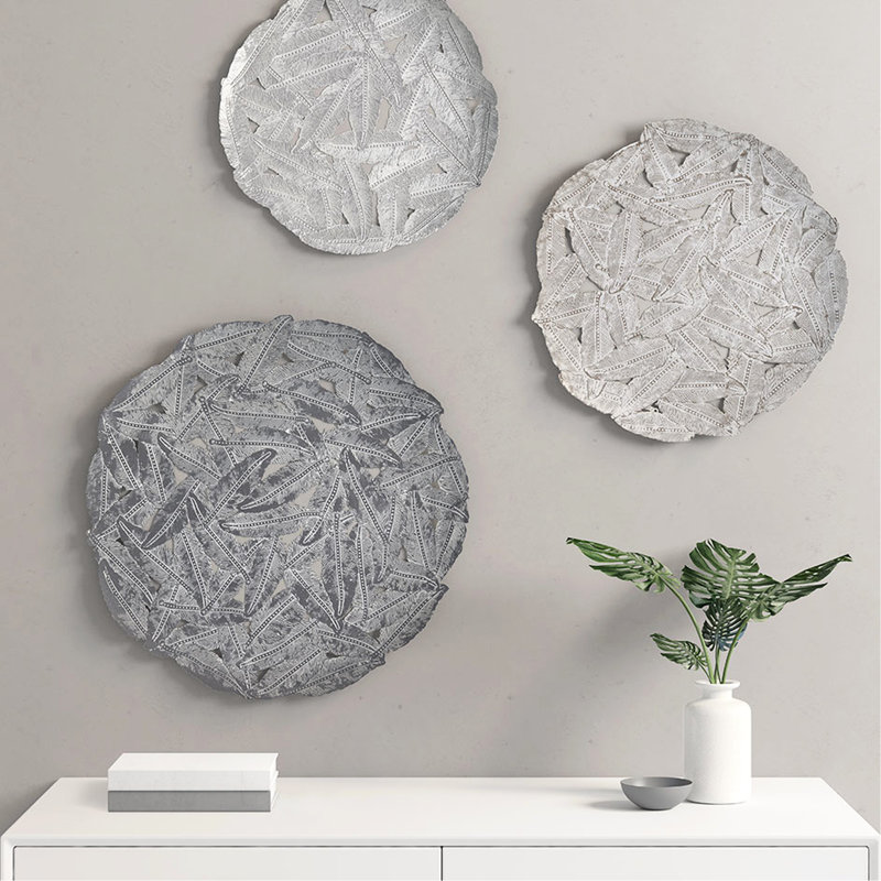 3 décorations murales en métal texturé plume grise, 20 po, 17,25 po, 14,25 po, montage intérieur