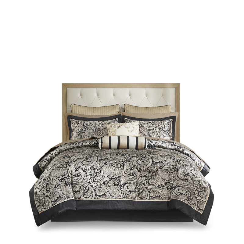 Édredon 12 pièces pour très grand lit noir. Comprend des draps en coton. Comprend un édredon, des taies décoratives, des oreillers et une jupe de lit. Motif cachemire captivant merveilleux