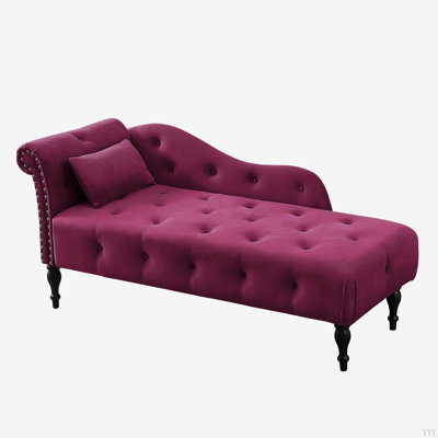 Aijia 60.6" Velvet Chaise Lounge Buttons Tufted Nailhead Trimmed Solid Wood Legs With 1 Pillow  (Left Arm Design As Shown In The Picture)