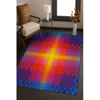 Tapis bleu tissé lavable rétro Mosso