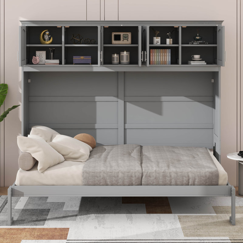 Lit double escamotable / mural avec armoires de rangement supérieures, Gris