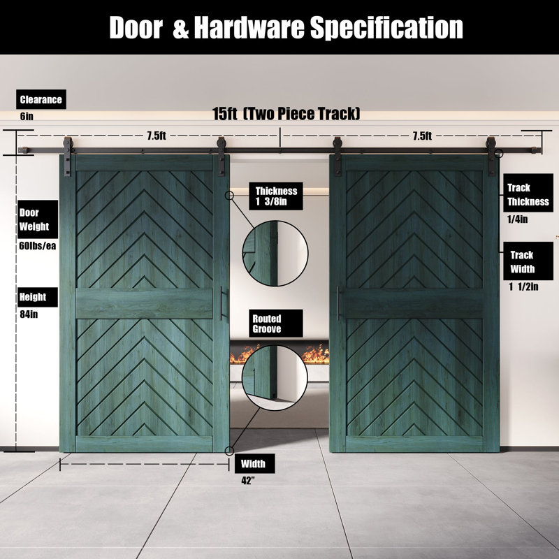 Homacer Royal Pine 42 po x 84 po. Ensemble de quincaillerie à deux arêtes de poisson 4-en-1 fini et non assemblé avec trousse de quincaillerie d'installation sans dérivation, rail de 15 pi, utilisation intérieure seulement
