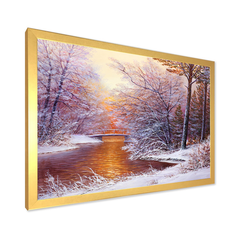 Forêt de Noël avec rivière et arbres II - peinture sur toile, H 16 po x l 32 po x p 1 po, Cadre doré