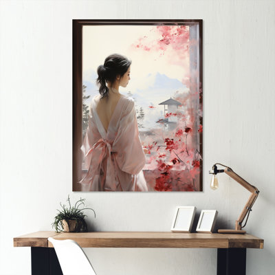 Pink Tree  Japanese Woman  Window View  III - Japan Metal Wall Art