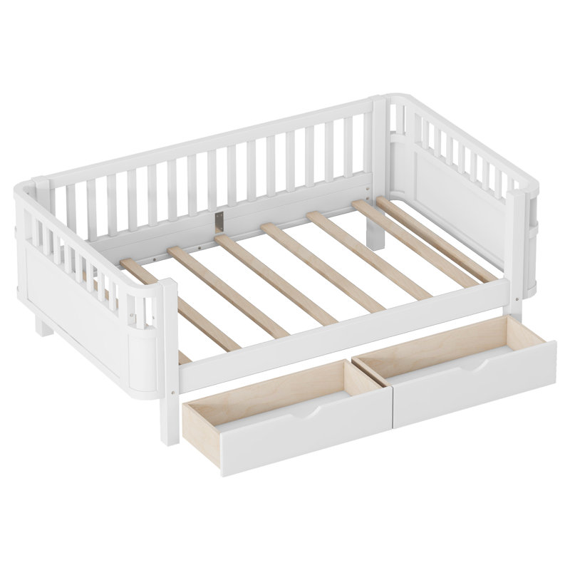 Twin Size Wood Platform Bed with Storage Drawers, Low Profile Kids Bed with Safety Rails and Patented Design, White Finish for Boys and Girls Room