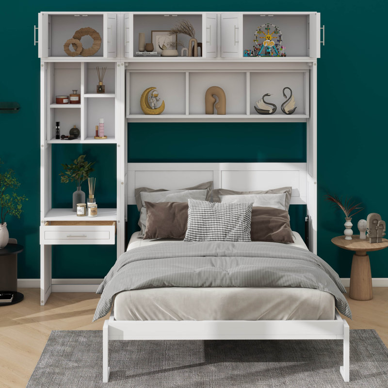 Bureau intégré luxueux avec lit escamotable, armoire supérieure et tablettes de rangement, Lit double, Blanc